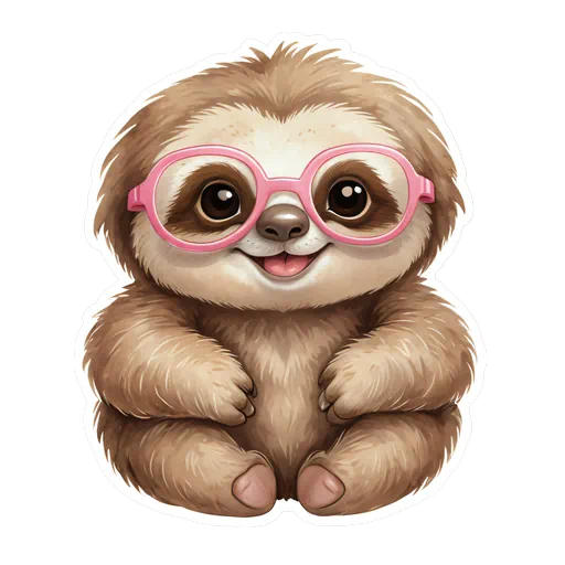 Illustration of a cute brown baby sloth sitting and wearing large pink glasses in a sticker style.