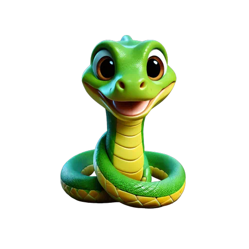 Vibrant green 3D animated snake character with a yellow underbelly and friendly, large brown eyes.