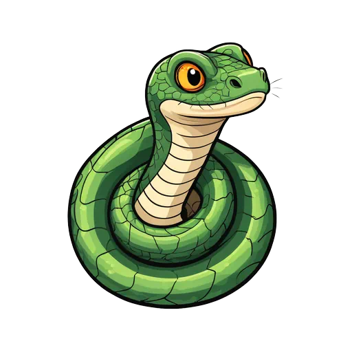 Cartoon green coiled snake with large orange eyes and detailed scales on white background.