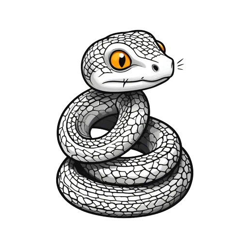 Cartoon illustration of a coiled white snake with detailed scales and glowing orange eyes on a white background.