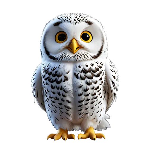 Cute digital illustration of a snowy owl featuring white speckled feathers, large yellow eyes, and orange feet.