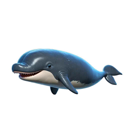 Cute 3D digital illustration of a smiling sperm whale with blue skin and a white underbelly.