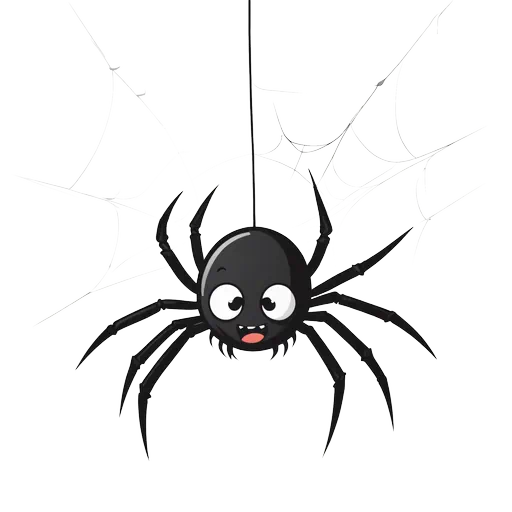 Cute black cartoon spider with big eyes hanging from a white spider web against a gray background.