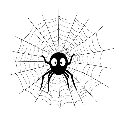 Cartoon black spider with large eyes in center of a detailed circular spiderweb on white background.