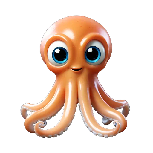 Cute 3D cartoon orange squid with large blue eyes and a shiny finish for sea life themes.