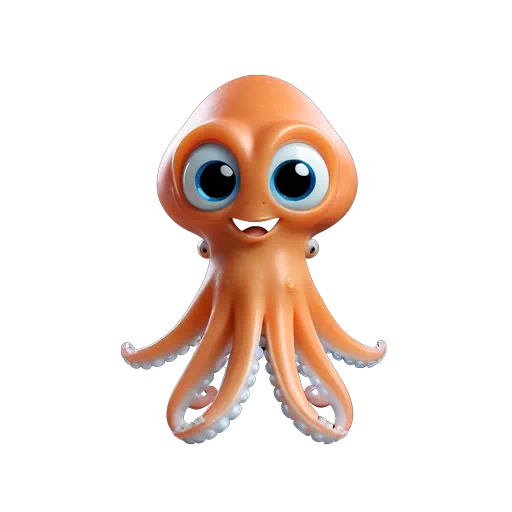 Cute orange 3D cartoon squid with large blue eyes and a friendly smile, sea life character.