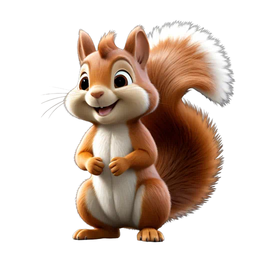 Adorable cartoon reddish-brown squirrel with large eyes and a bushy white-tipped tail in a 3D digital art style.