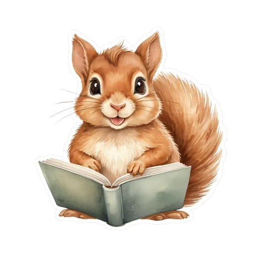 Watercolor illustration of a cute brown squirrel reading a sage green book with a white sticker border.