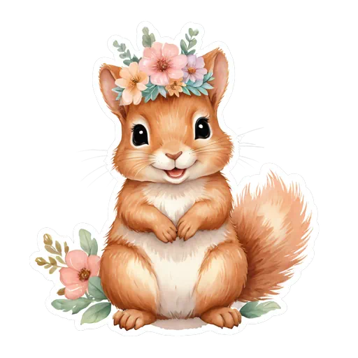 Watercolor illustration of a cute brown squirrel wearing a pink floral crown in a sticker style.