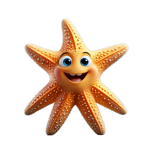 Cute 3D animated orange starfish character with large blue eyes and a friendly smile.