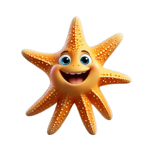 Cute 3D animated orange starfish with big blue eyes and a happy smile, featuring white textured spots.