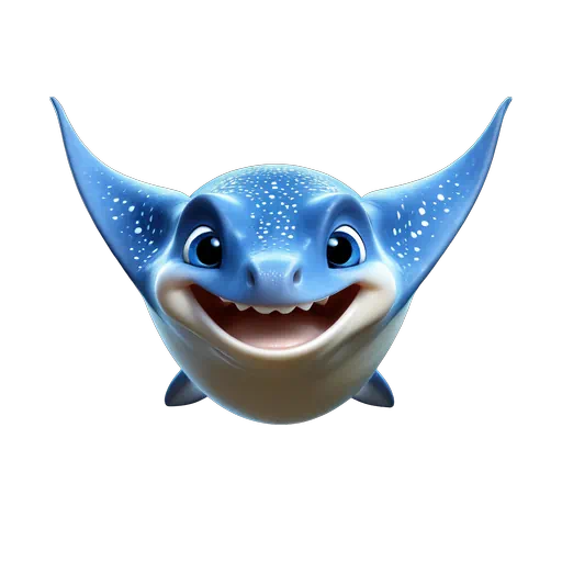 Friendly blue cartoon stingray with white speckles and a wide smile, stylized 3D sea life character.