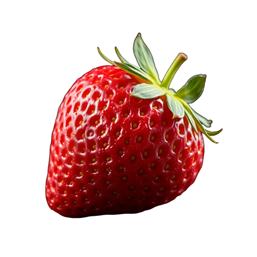 Vibrant red ripe strawberry with green leaves, detailed studio photography showing texture on a dark background.