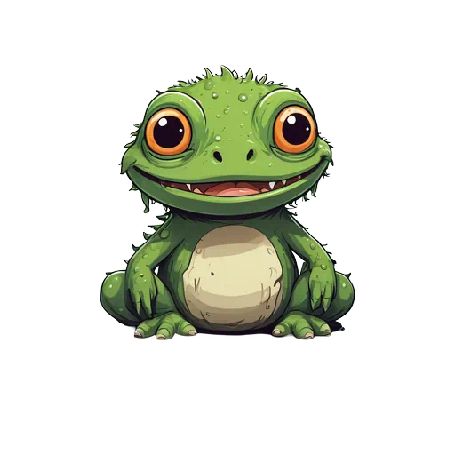 Cute green swamp creature with large orange eyes and a smiling face in a vibrant cartoon style.