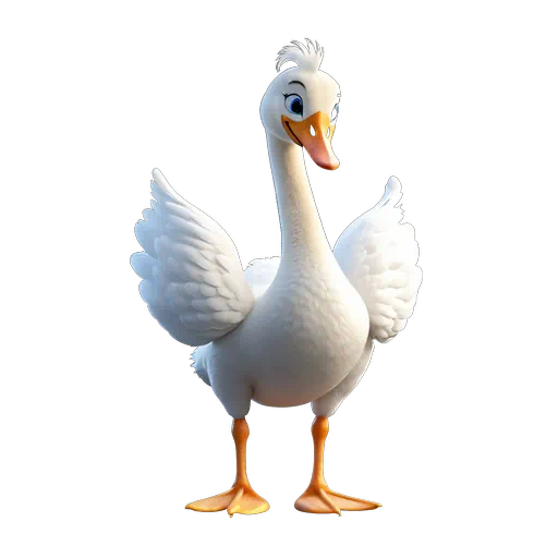 Cute cartoon white swan with orange beak and feet, standing with wings outspread, 3D animated style.