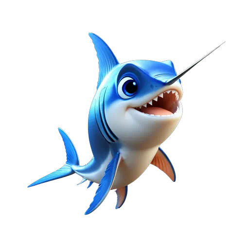 Stylized 3D blue and white cartoon swordfish with a long bill, big eyes, and smiling open mouth.