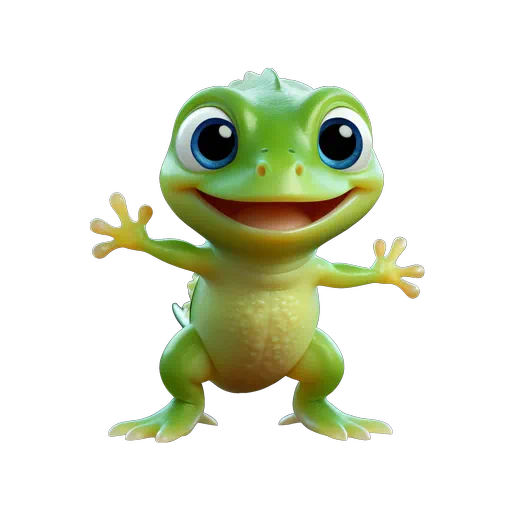 Cute 3D green cartoon tadpole character with large blue eyes and a friendly smile for sea life theme.