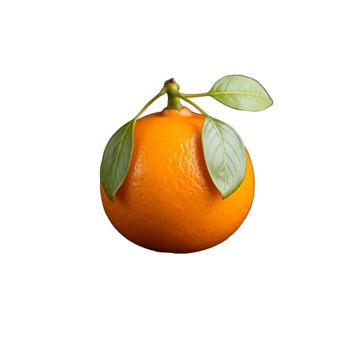 A whole vibrant orange tangerine with fresh green leaves and stem, isolated on a white background.