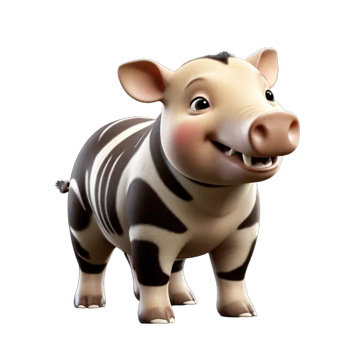 Adorable 3D cartoon baby tapir with brown and white stripes, smiling face, isolated on white background.