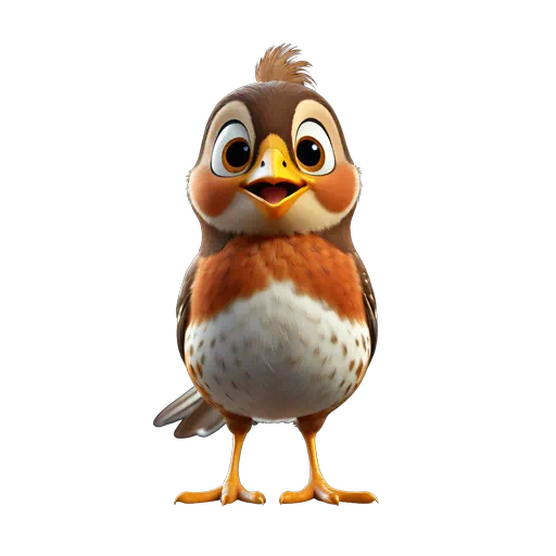 Cute 3D cartoon thrush bird with brown plumage, orange chest, and spotted white belly.
