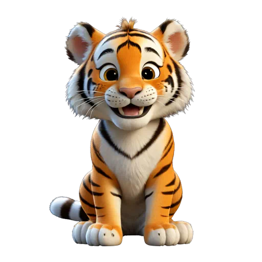 Cute 3D cartoon tiger cub sitting, featuring orange fur, black stripes, white belly, and large friendly eyes.