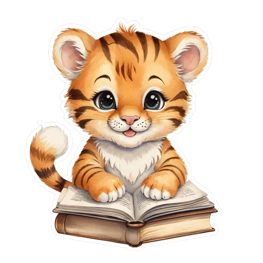 Illustration of a cute orange tiger cub with big eyes reading books, watercolor style with white border.