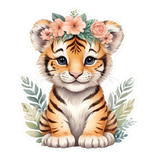Watercolor baby tiger cub wearing a peach floral crown and surrounded by green leaves on a white background.