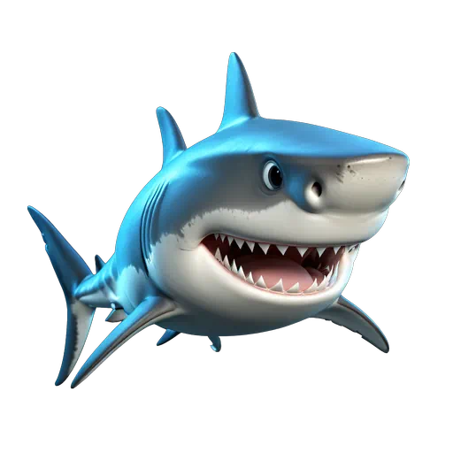 3D animated blue shark character with white underbelly and open mouth, friendly sea life illustration for kids.