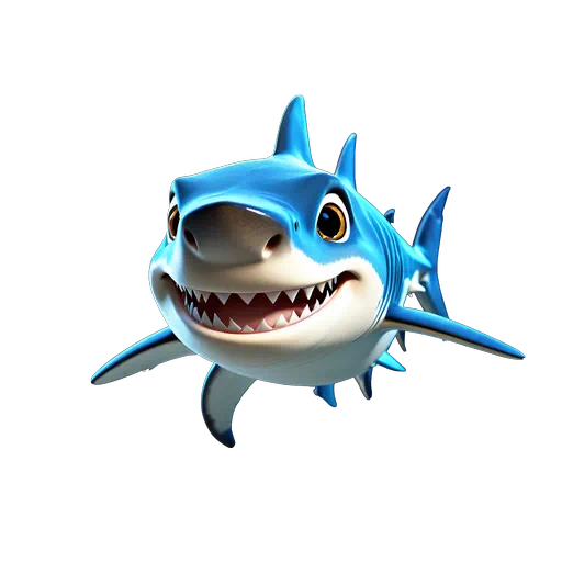 3D stylized blue and white shark character with a wide, friendly toothy grin and bright brown eyes.