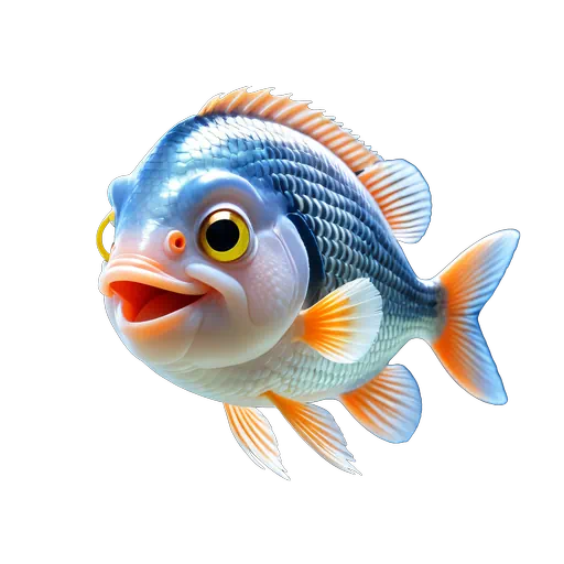 Stylized 3D blue and orange tilapia fish illustration with large yellow eyes and textured scales.