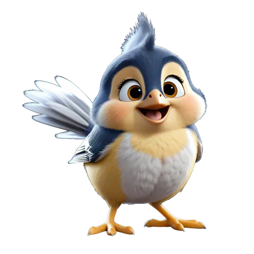 Cute 3D animated blue and yellow titmouse bird illustration with large eyes and a friendly smile.