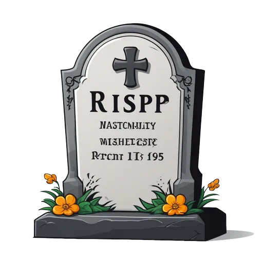 Cartoon gray tombstone with a cross, RIP text, and orange flowers at the base on white background.