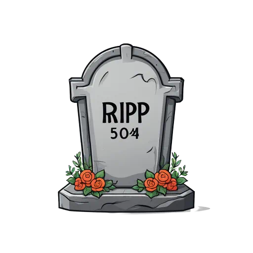 Grey tombstone clip art with RIPP 504 text, orange roses at base, and cartoon illustrative style.