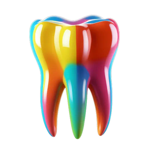 A glossy 3D human molar tooth featuring a vibrant rainbow of colors including red, yellow, and blue.