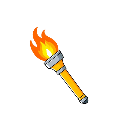 Cartoon flaming torch with orange and yellow fire, a gold handle, and silver metallic trim on white.
