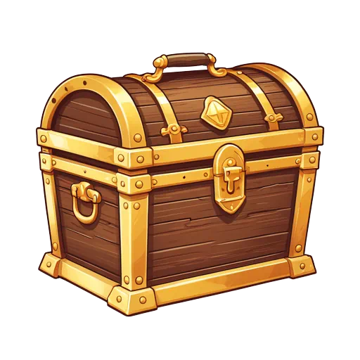 Cartoon wooden pirate treasure chest with shiny gold metal trim and handle on a white background.