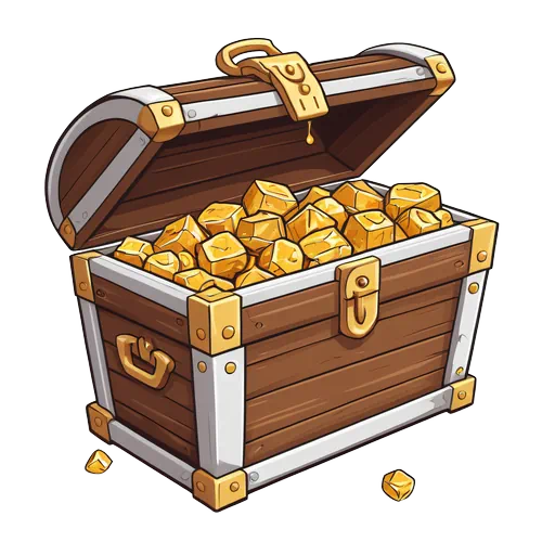 Cartoon illustration of an open wooden pirate treasure chest overflowing with golden nuggets and silver metallic trim.