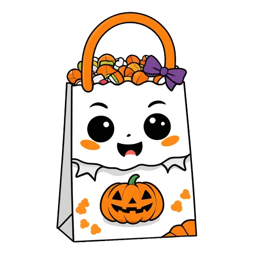 Cute white Halloween bag clip art with a kawaii face, purple bow, pumpkin, and orange handle.