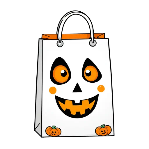White Halloween trick or treat bag with an orange cartoon jack-o'-lantern face and small pumpkins on the bottom.