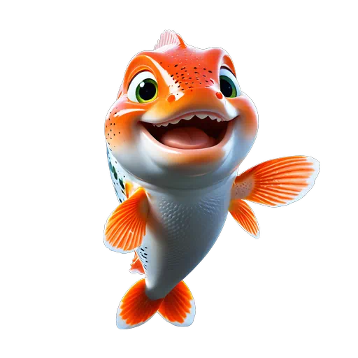 Cheerful 3D cartoon orange trout fish with green eyes and a friendly smile, vibrant sea life animation style.