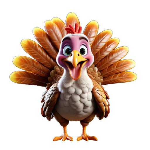 Vibrant 3D animated turkey with golden-orange tail feathers and a pink face, isolated on a white background.