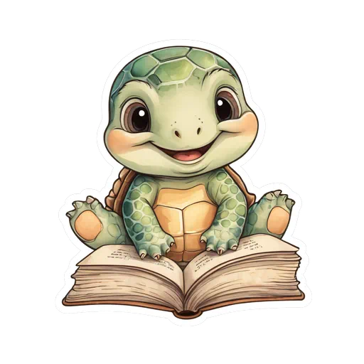 Cute cartoon turtle with green shell reading a vintage open book, soft watercolor style, white background.
