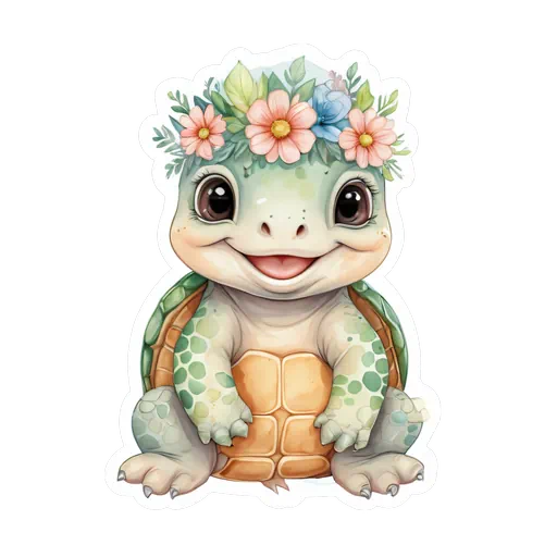 Cute watercolor baby turtle wearing a pink and blue floral crown with a white border sticker style.