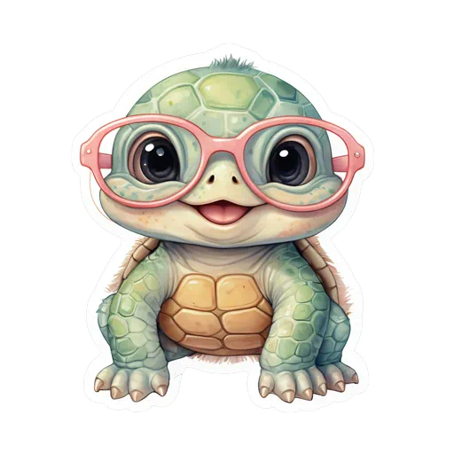 Cute baby green turtle wearing oversized pink glasses in a watercolor sticker style with a white border.