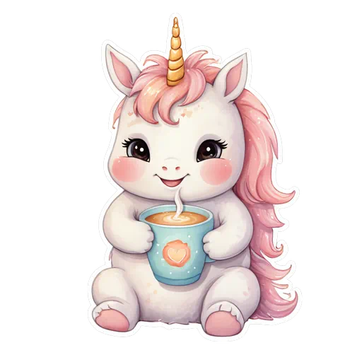Cute white unicorn with pink mane holding a blue coffee mug, golden horn, pastel sticker style digital illustration.