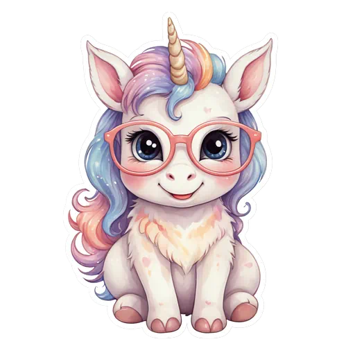 Cute white baby unicorn wearing pink glasses with pastel rainbow mane and tail in a sticker style.