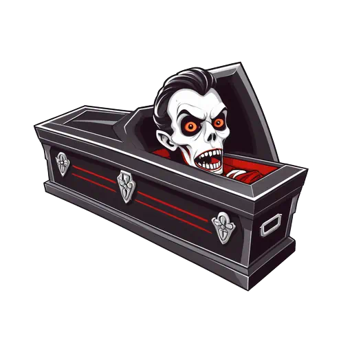 Cartoon vampire skeleton with red eyes emerging from a black and red coffin, stylized Halloween clip art illustration.