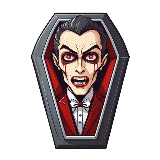 Illustrative vampire with red eyes and suit peering out from a grey coffin with red interior lining.