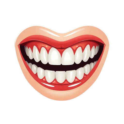 Vector illustration of a grinning mouth with sharp white vampire teeth, red lips, and pink gums.