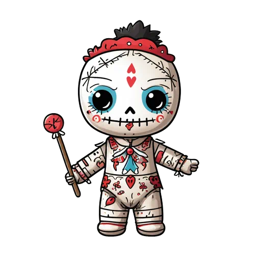 Cute white chibi voodoo doll with red accents, large eyes, and stitched mouth in a cartoon sticker style.